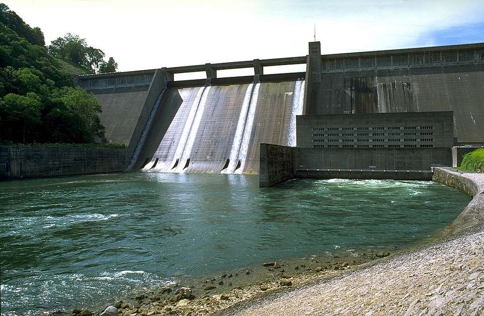 Water spilling over the spillway of Norris Dam on the Clinch River in Tennessee