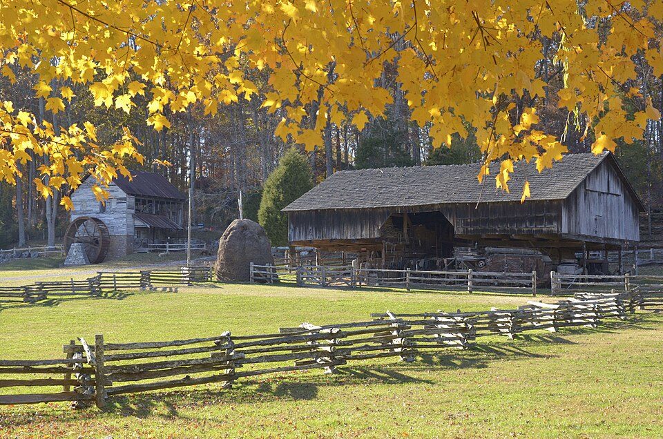 A log barn and a mill with a water wheel under yellow maple leaves at the Museum of Appalachia in Tennessee