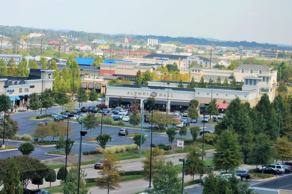 Shops, restaurants and parking lots at the Turkey Creek shopping district near Farragut, Tennessee, seen from above