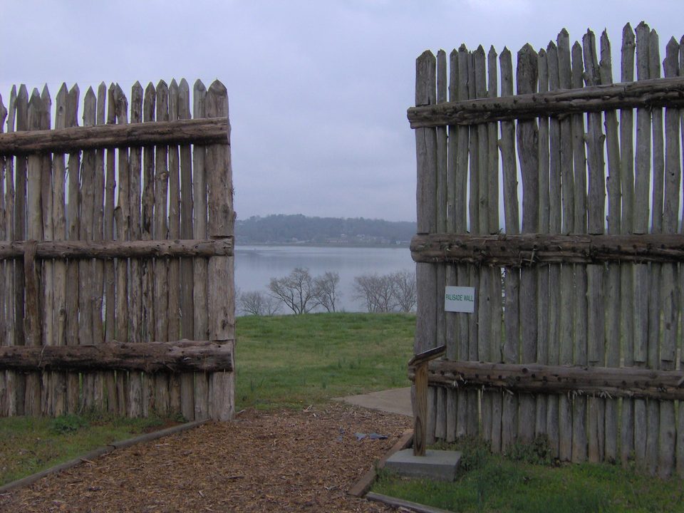 Wooden palisade wall of Fort Southwest Point in Kingston, Tennessee, with the river beyond