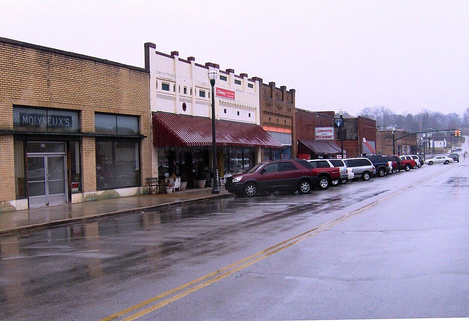 Brick storefronts along West Rockwood Street in downtown Rockwood, Tennessee