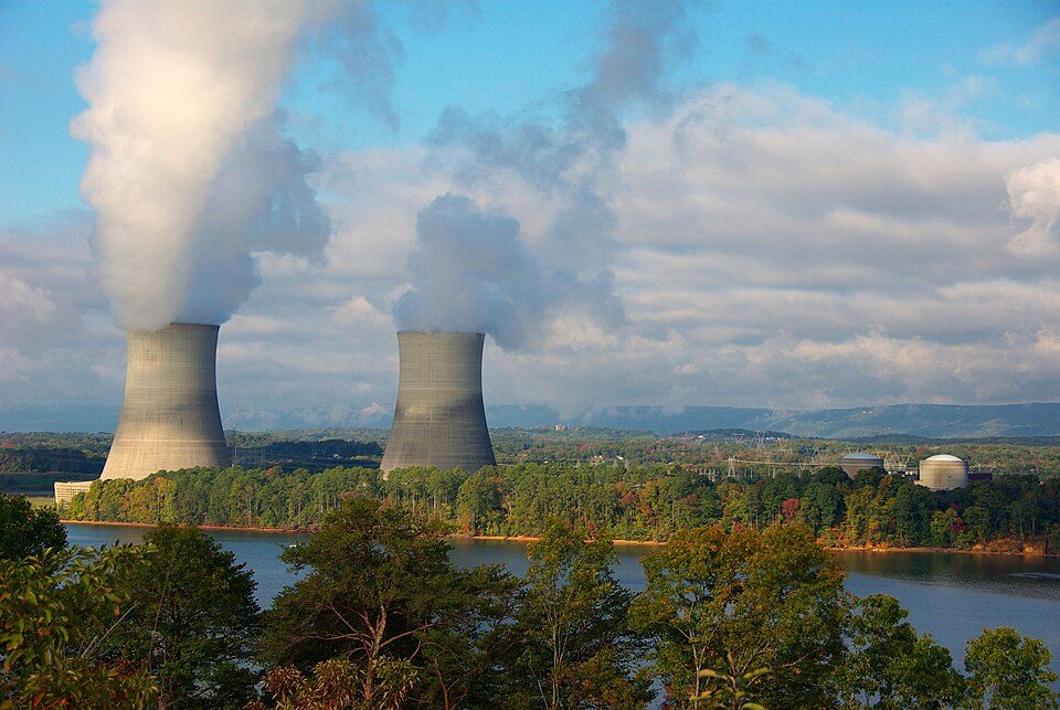 Two cooling towers of the Sequoyah Nuclear Plant beside Chickamauga Lake in Soddy-Daisy, Tennessee